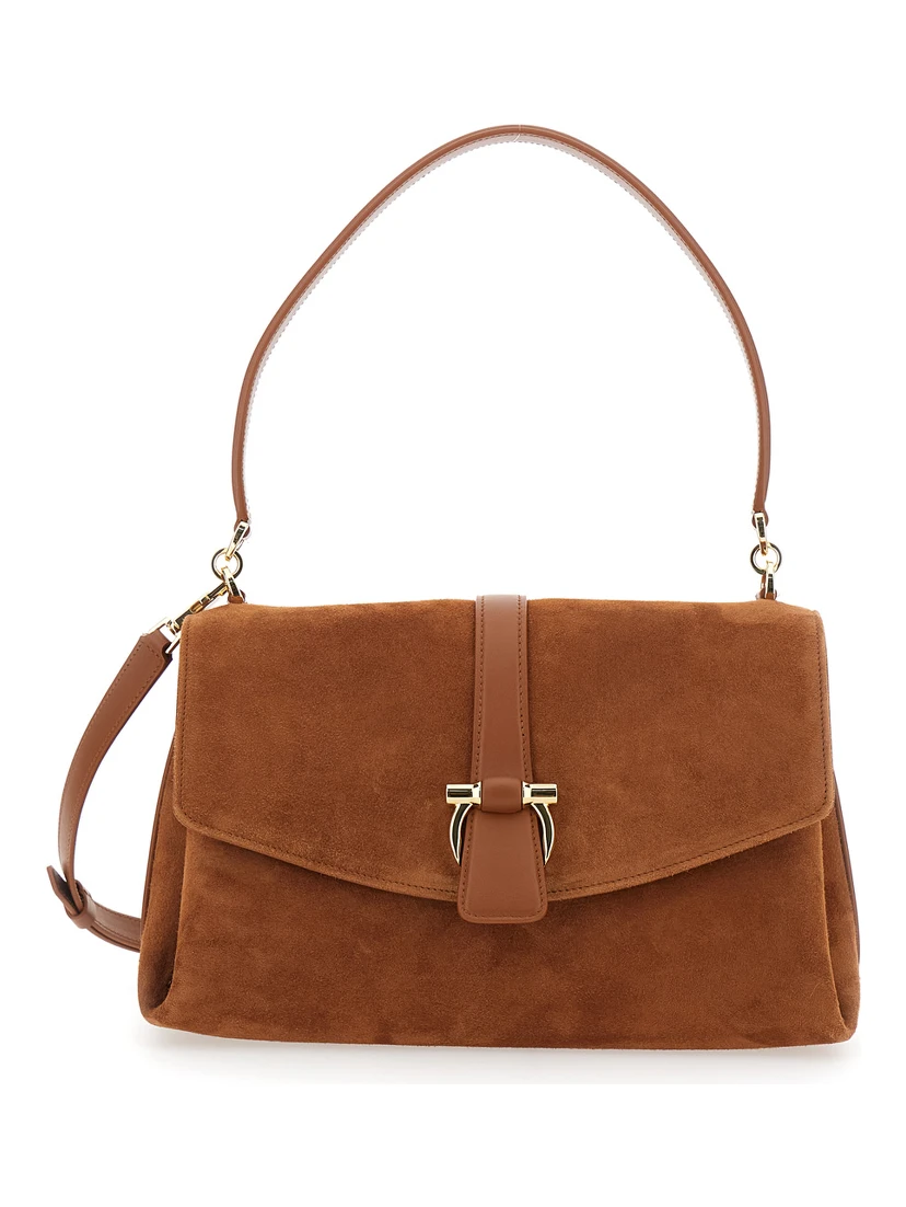Brown Crossbody bag with Adjustable and Removable Strap and Closure with Gancini Plaque in Suede for Women