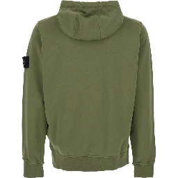 Green Hoodie with Drawstring and Logo Patch on Sleeve in Cotton Men