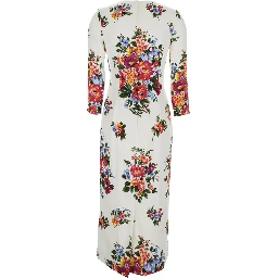 white midi Dress with all-over floral print in silk for women