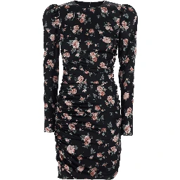 Black Dress with Floral Print and Side Draping in Silk for Women