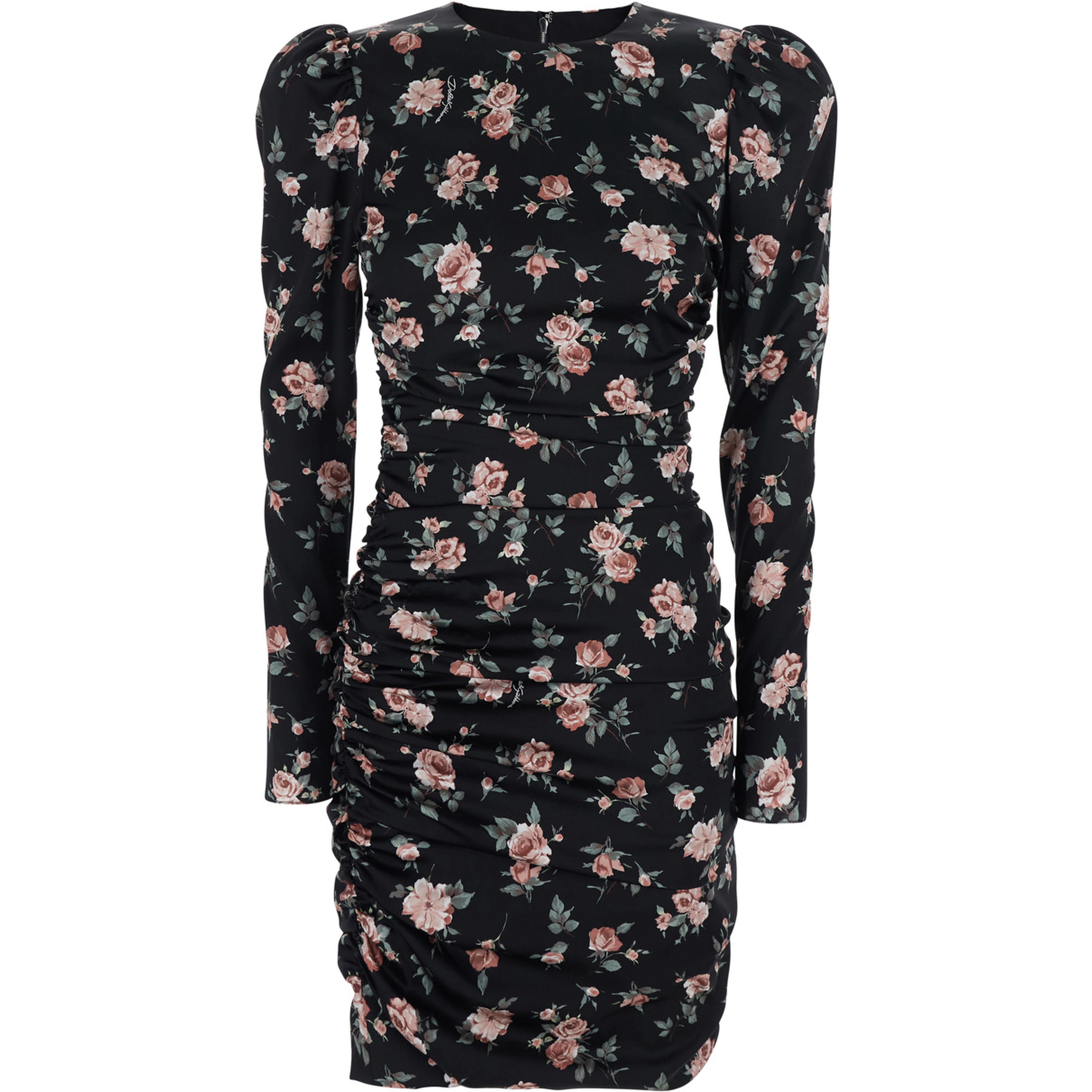 Black Dress with Floral Print and Side Draping in Silk for Women