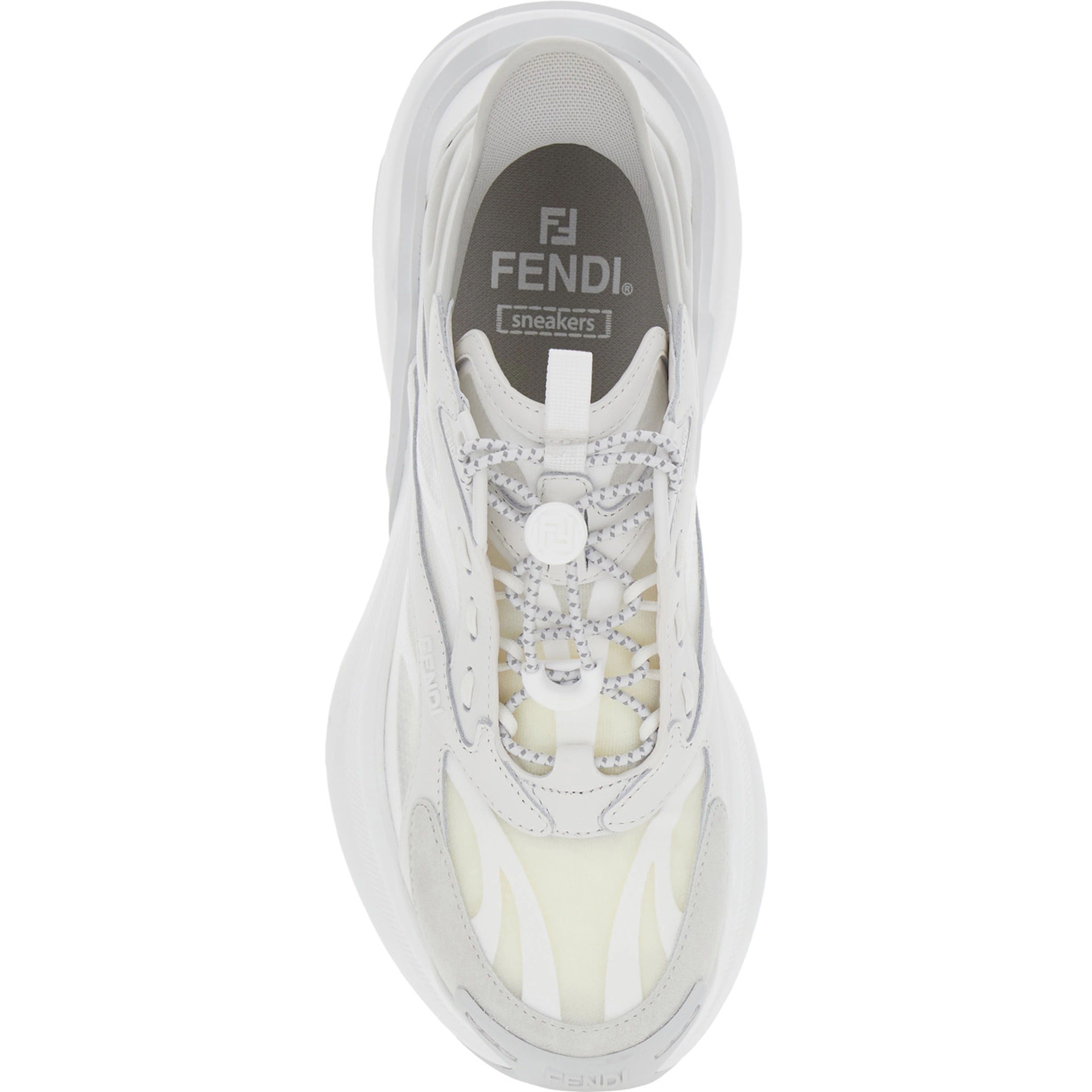 F-Light White Sneaker Low Top with FF Motif on the Side and Chunky Sole in Mesh and Leather for Women
