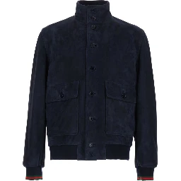 Blue High Collar Jacket with Web Detail in Suede for Men