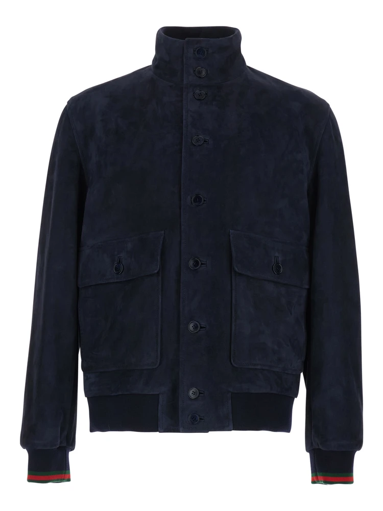 Blue High Collar Jacket with Web Detail in Suede for Men