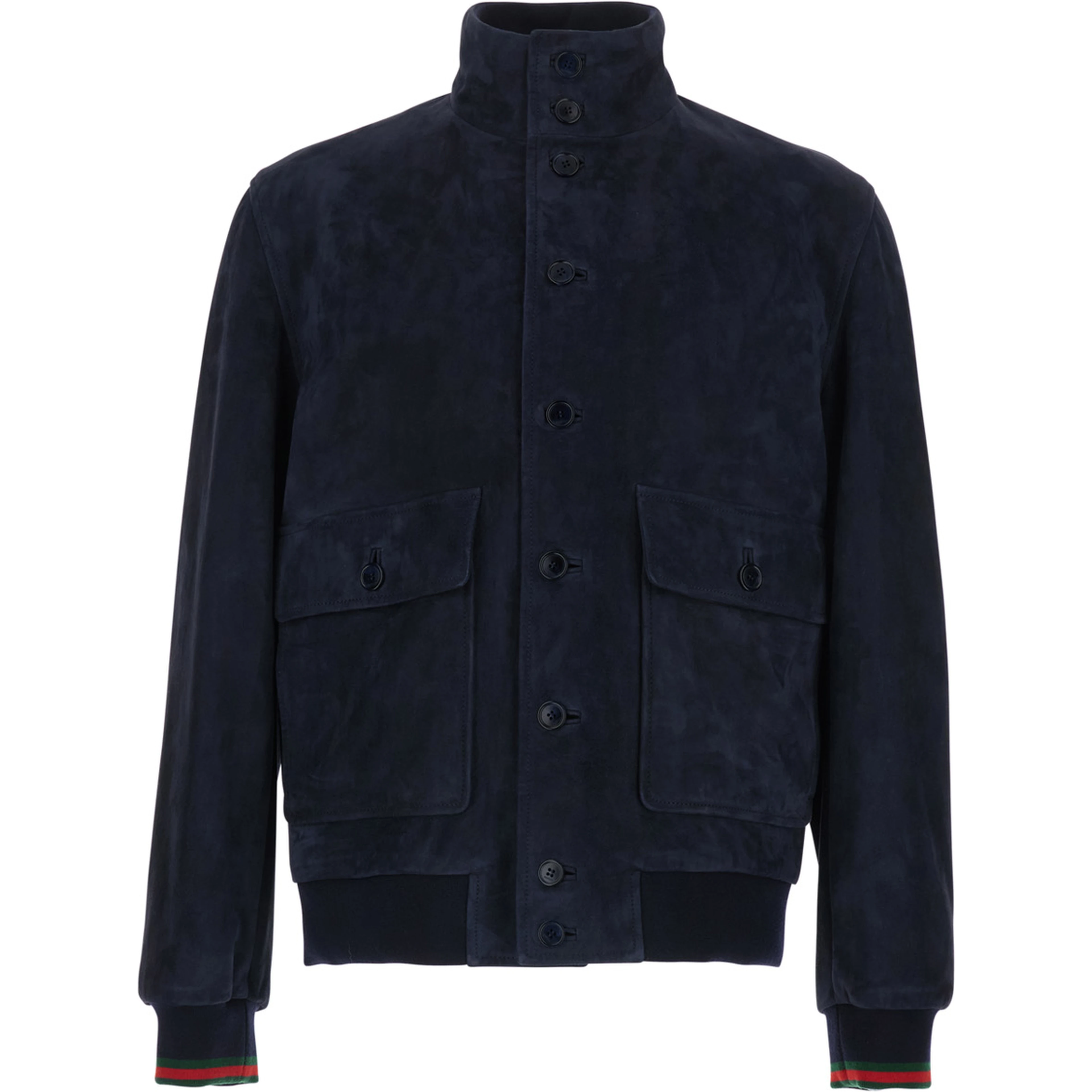 Blue High Collar Jacket with Web Detail in Suede for Men