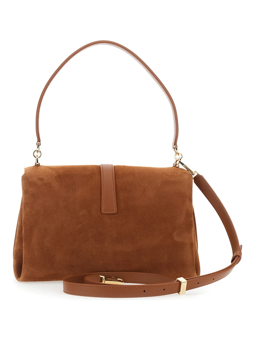 Brown Crossbody bag with Adjustable and Removable Strap and Closure with Gancini Plaque in Suede for Women