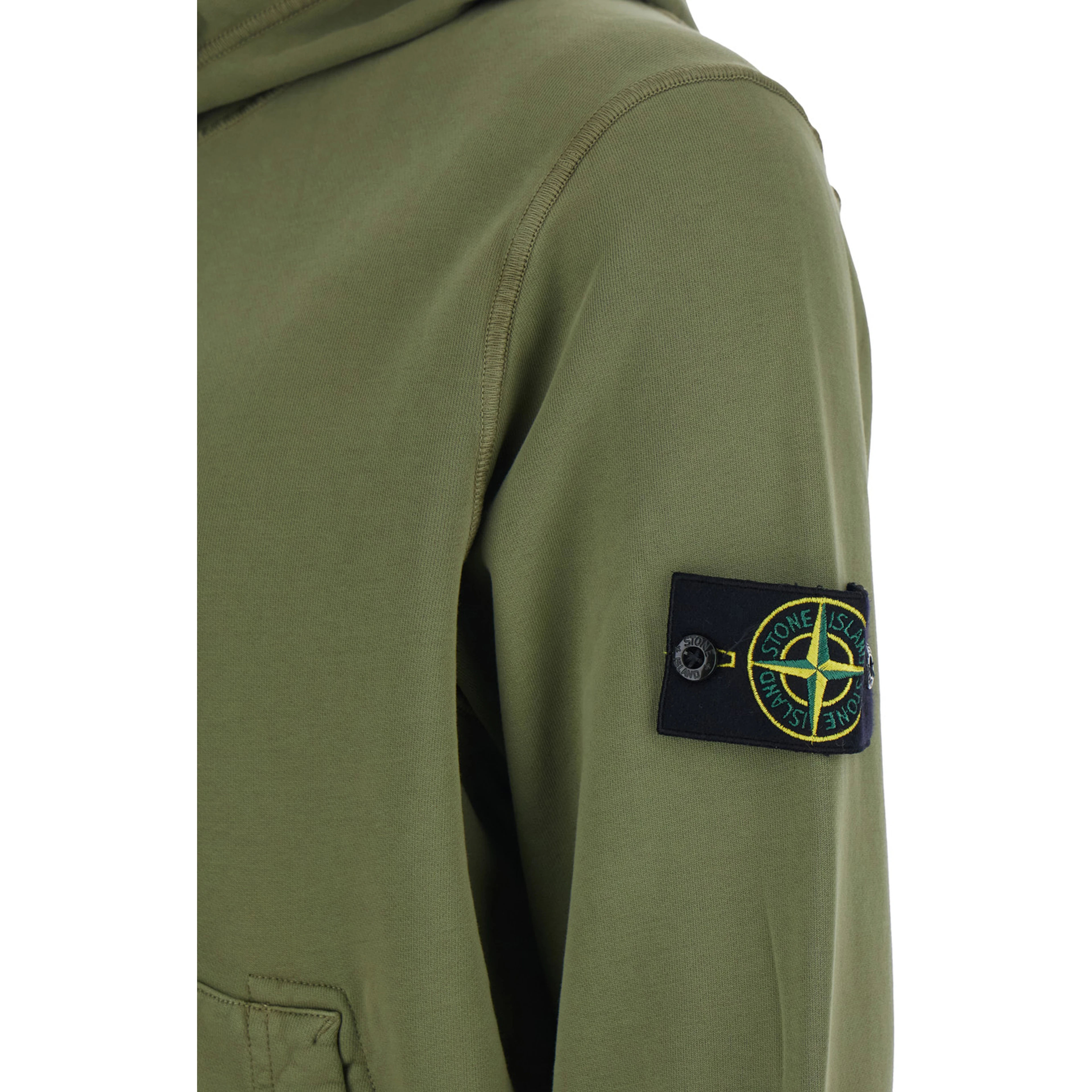 Green Hoodie with Drawstring and Logo Patch on Sleeve in Cotton Men