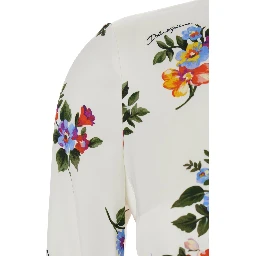 white midi Dress with all-over floral print in silk for women