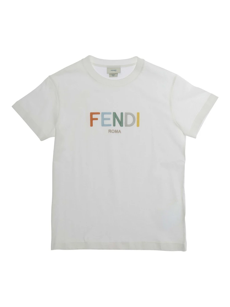 White Crew Neck T-Shirt with Logo Lettering on the Front in Cotton for Kids