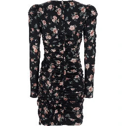 Black Dress with Floral Print and Side Draping in Silk for Women