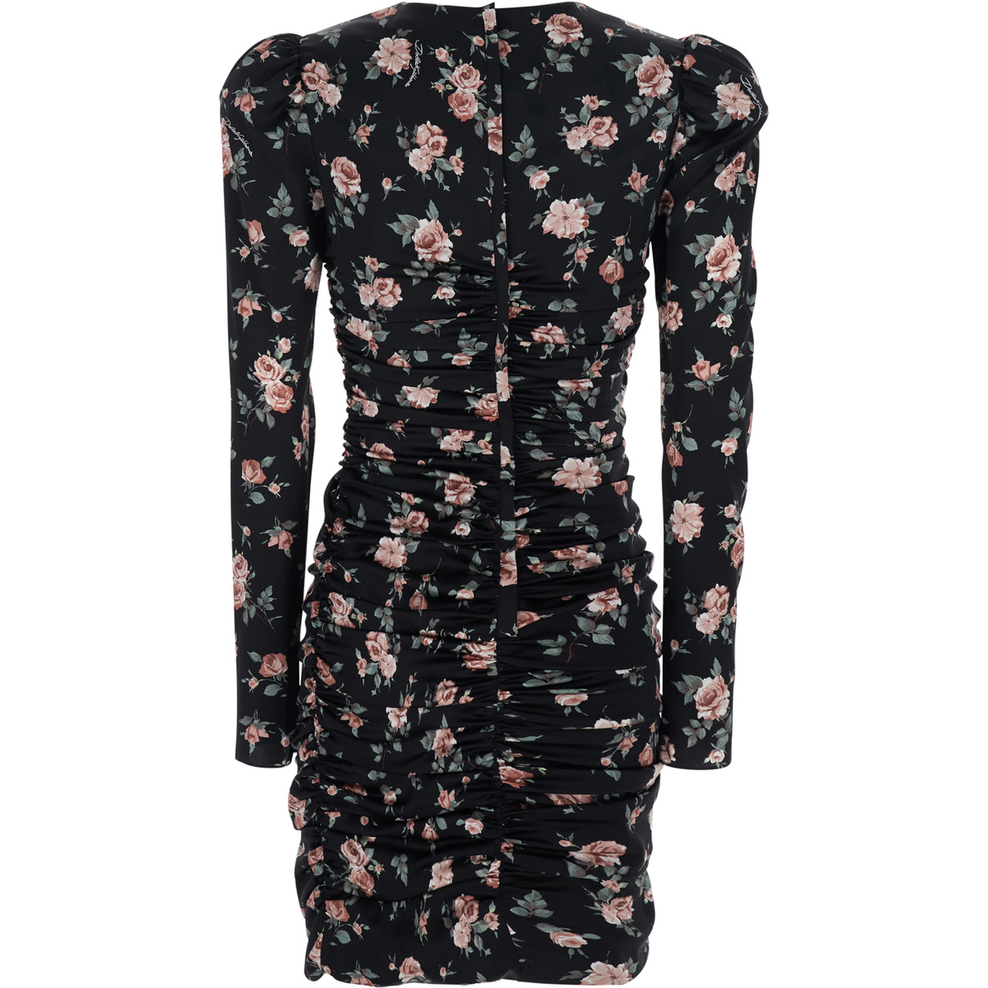 Black Dress with Floral Print and Side Draping in Silk for Women