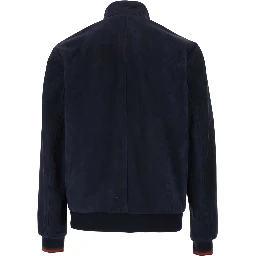 Blue High Collar Jacket with Web Detail in Suede for Men