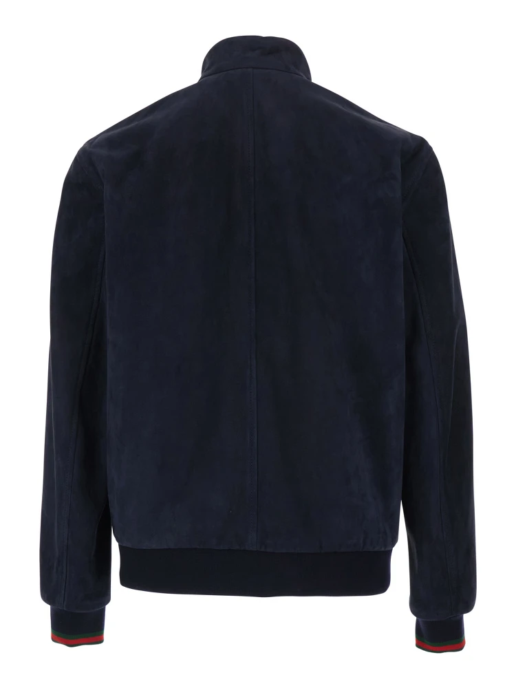 Blue High Collar Jacket with Web Detail in Suede for Men alternative