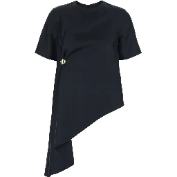 Madea Black Crew Neck Top with Draping and Asymmetrical Design in Silk for Women