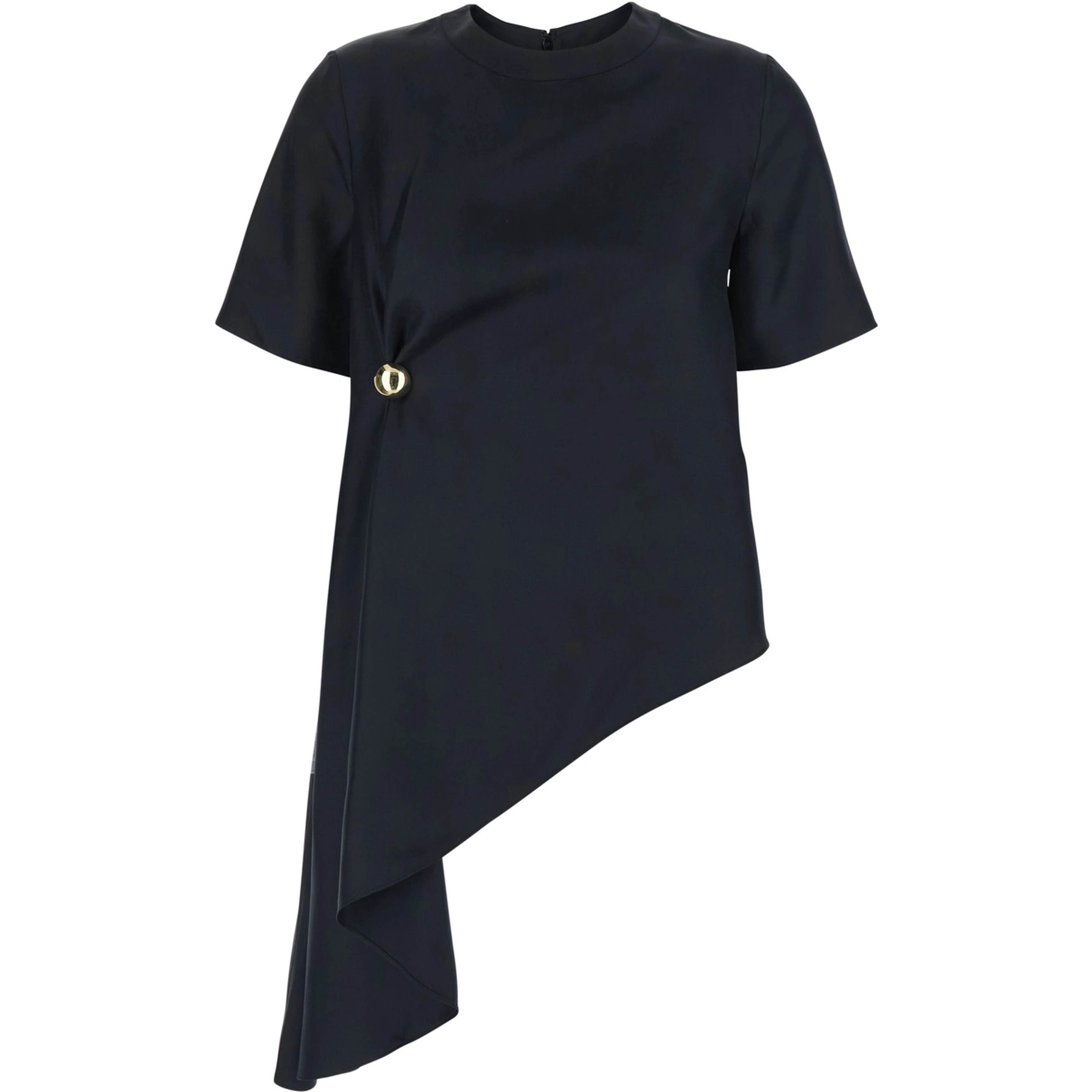 Madea Black Crew Neck Top with Draping and Asymmetrical Design in Silk for Women