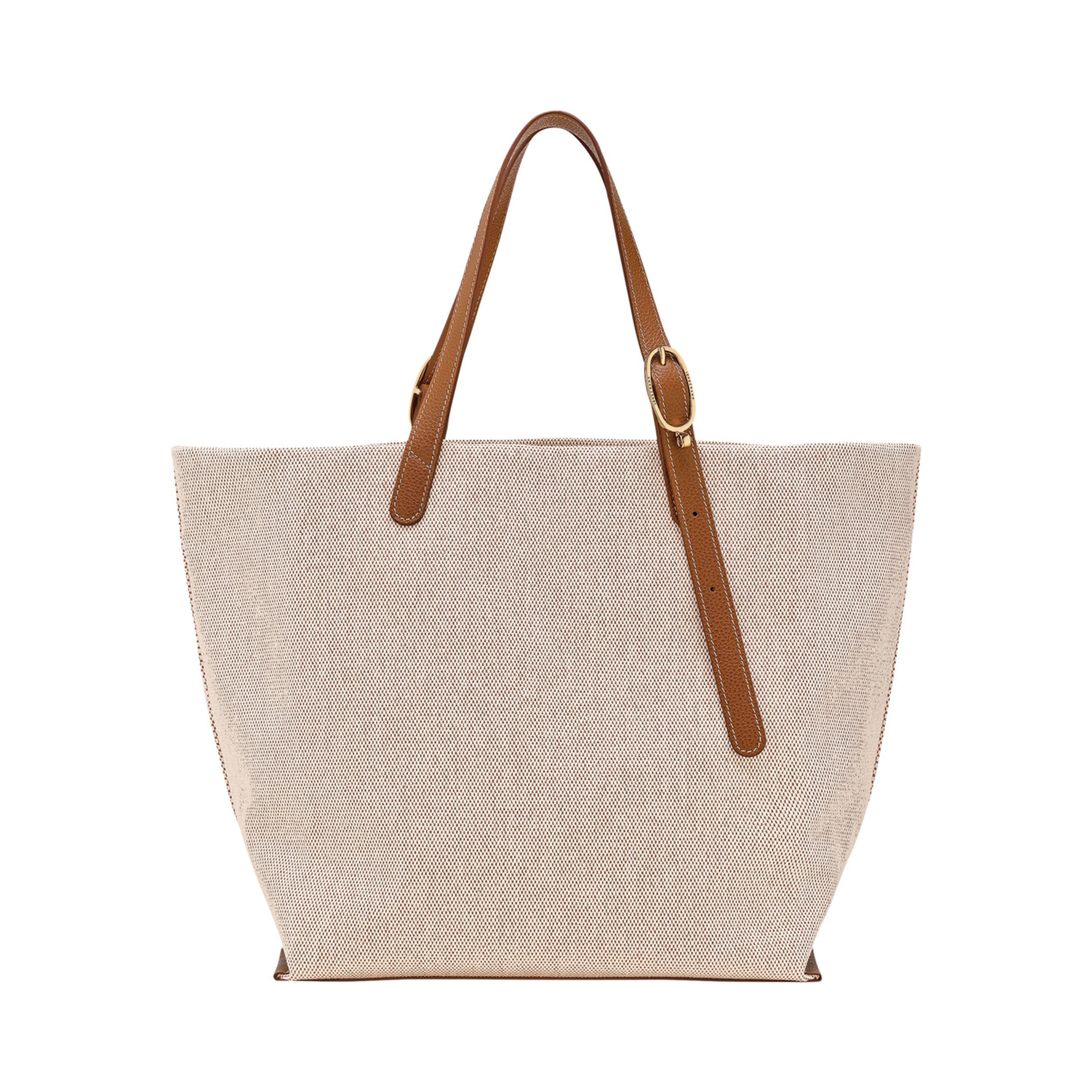 Le Foulonné Toile Brown Shoulder Bag with Adjustable Handle and Logo Lettering on the Front in Leather and Canvas for Women