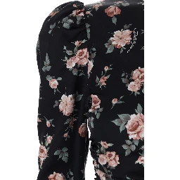 Black Dress with Floral Print and Side Draping in Silk for Women