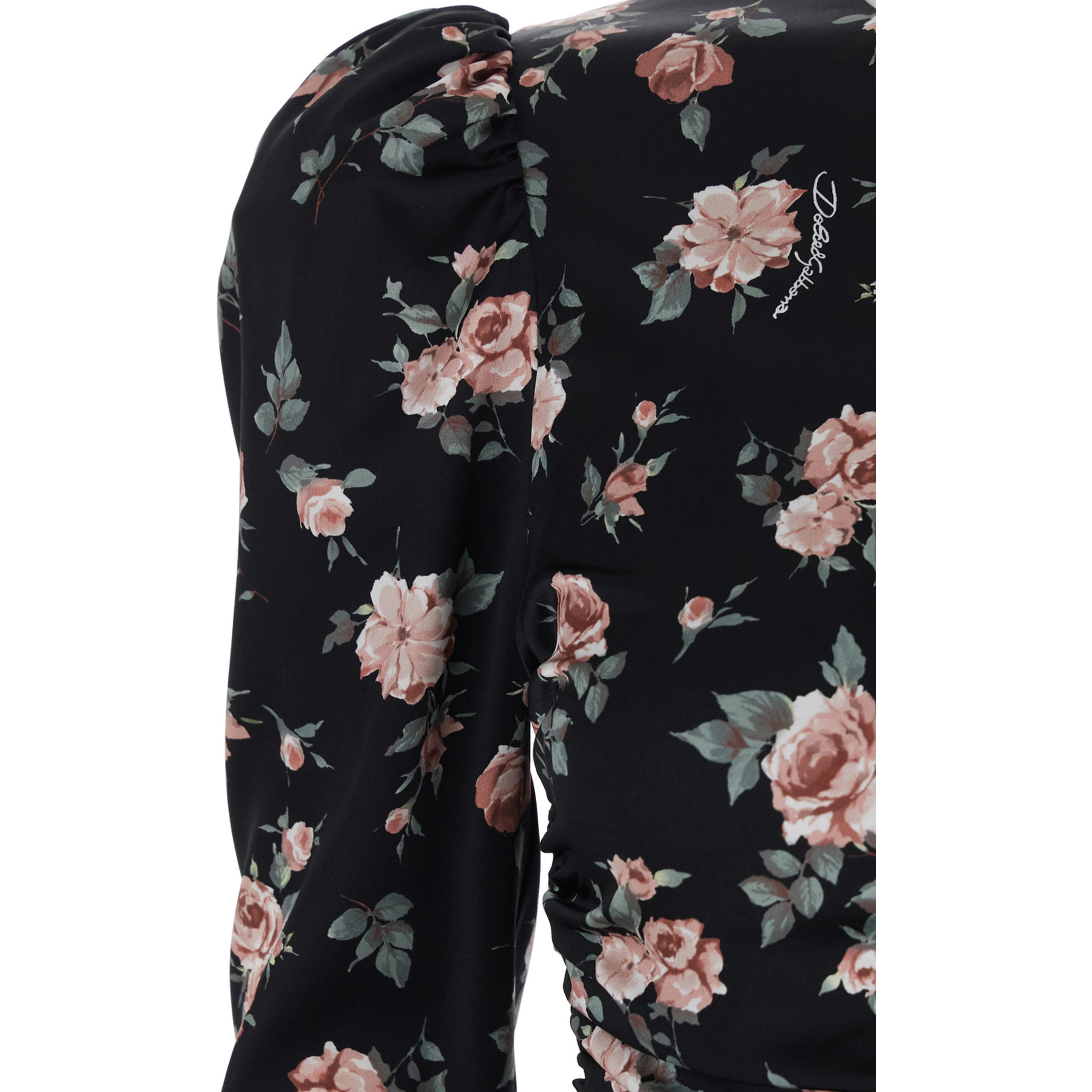 Black Dress with Floral Print and Side Draping in Silk for Women