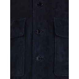 Blue High Collar Jacket with Web Detail in Suede for Men
