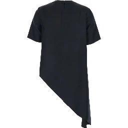 Madea Black Crew Neck Top with Draping and Asymmetrical Design in Silk for Women