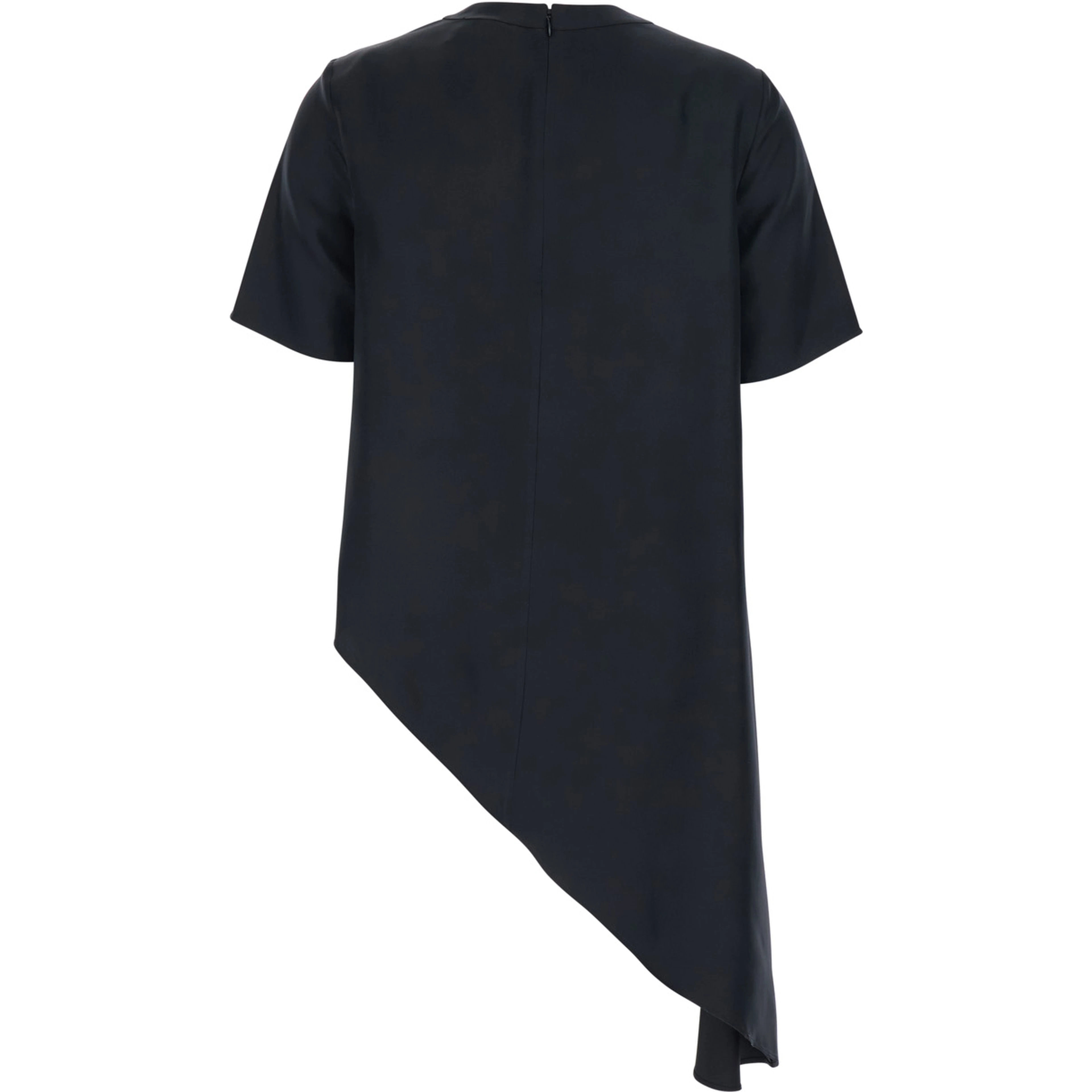 Madea Black Crew Neck Top with Draping and Asymmetrical Design in Silk for Women