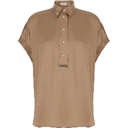 Beige Stretch Silk Button Down Collar Shirt for Women