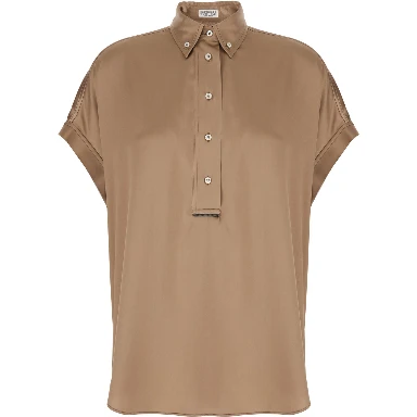 Beige Stretch Silk Button Down Collar Shirt for Women