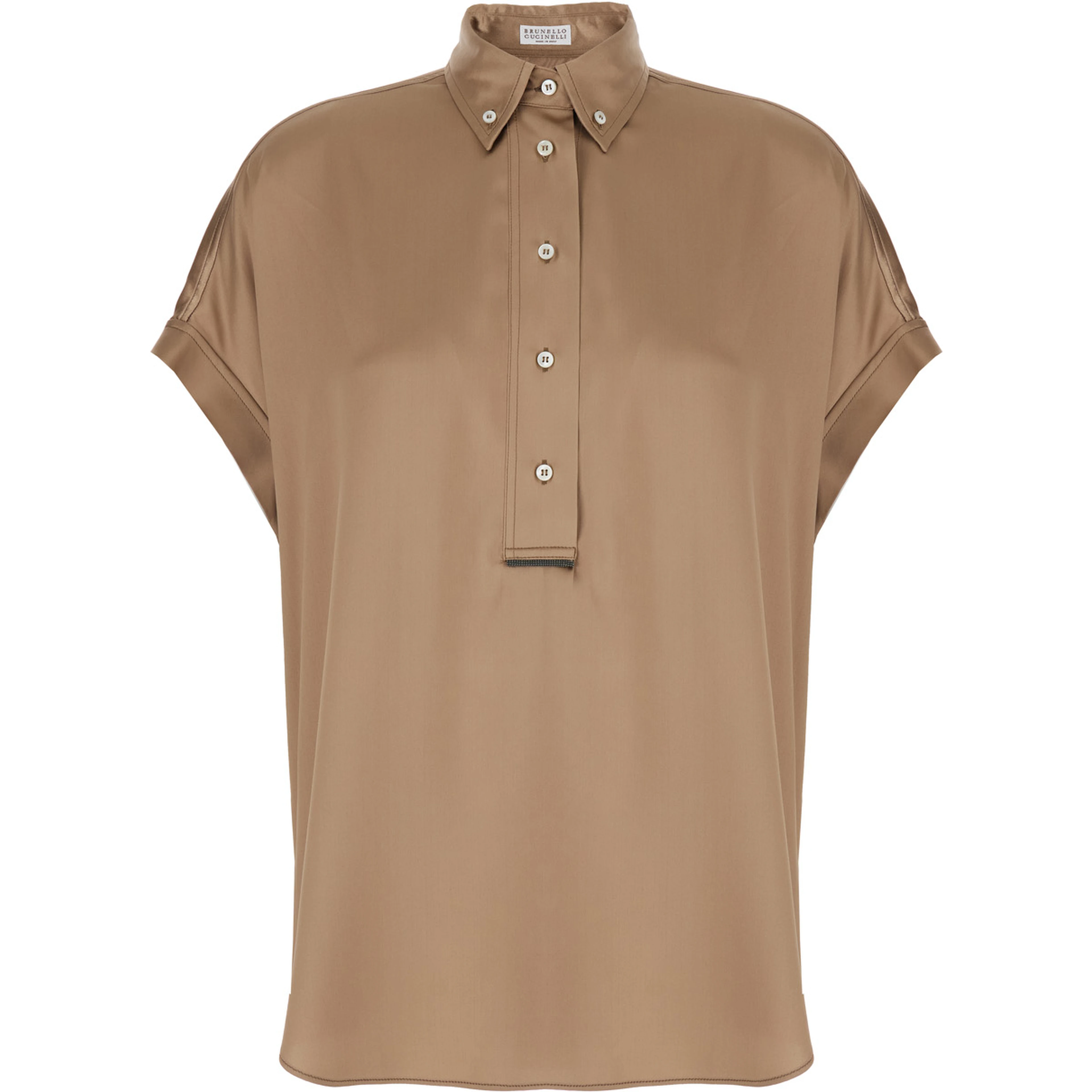 Beige Stretch Silk Button Down Collar Shirt for Women
