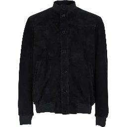 Black Jacket with High Collar and Button Closure in Suede for Men
