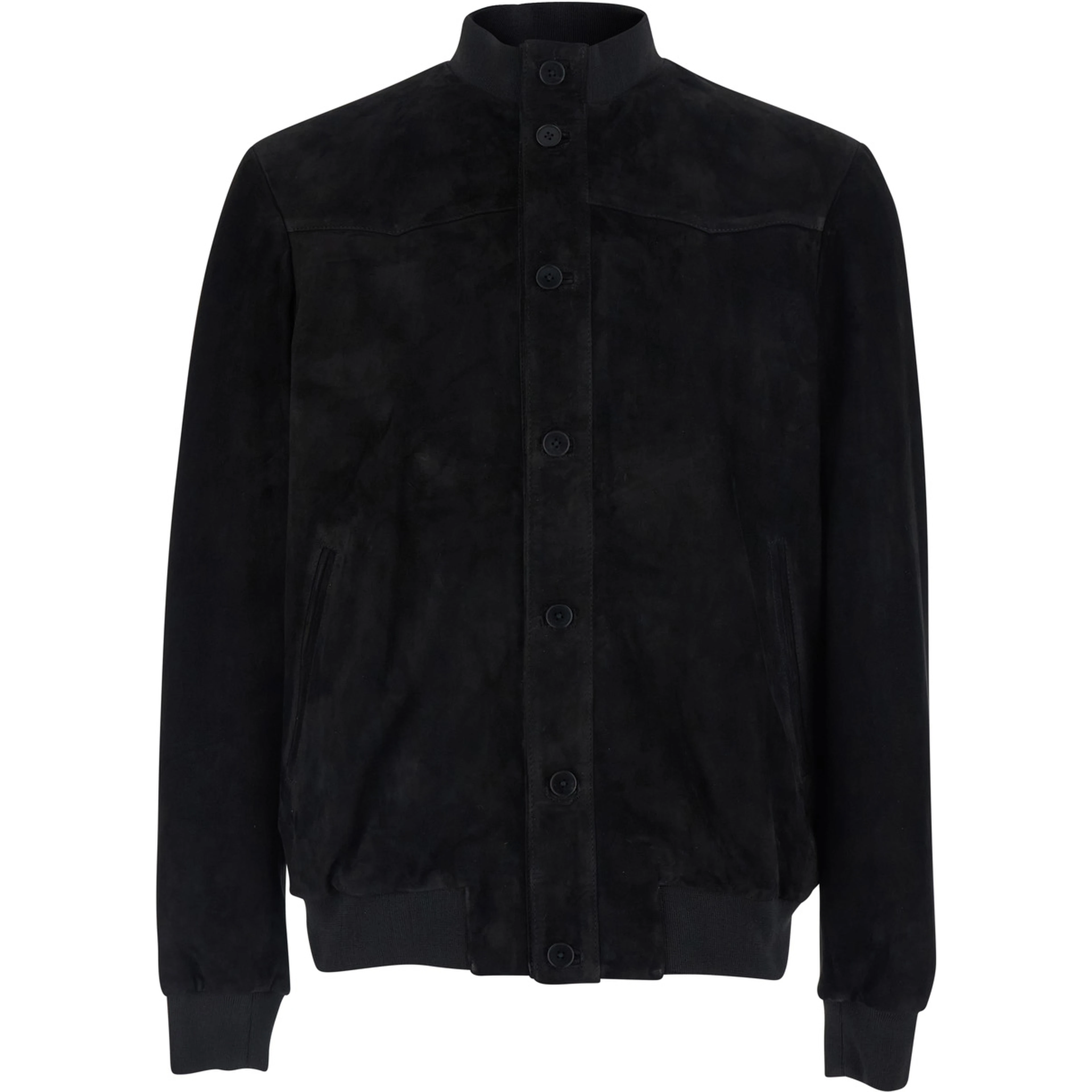 Black Jacket with High Collar and Button Closure in Suede for Men