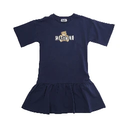 Blue Crew Neck Dress with Logo on the Front in Cotton Girl