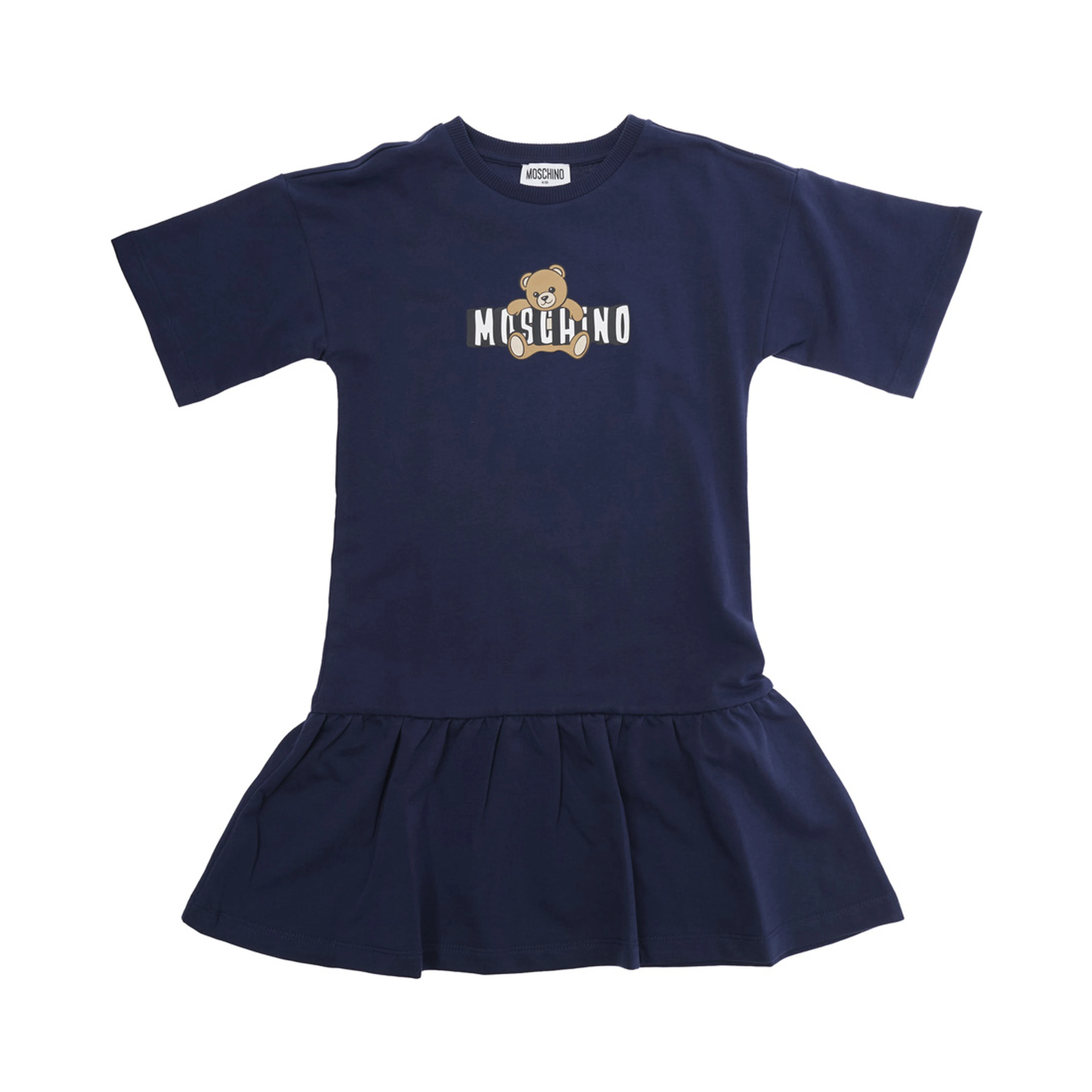 Blue Crew Neck Dress with Logo on the Front in Cotton Girl