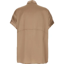 Beige Stretch Silk Button Down Collar Shirt for Women