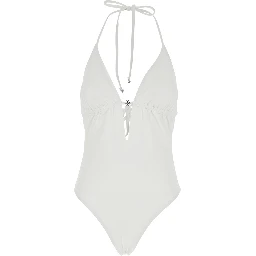 White One-Piece Swimsuit with Knot Closure and Logo Plate on the Front in Tech Fabric for Women