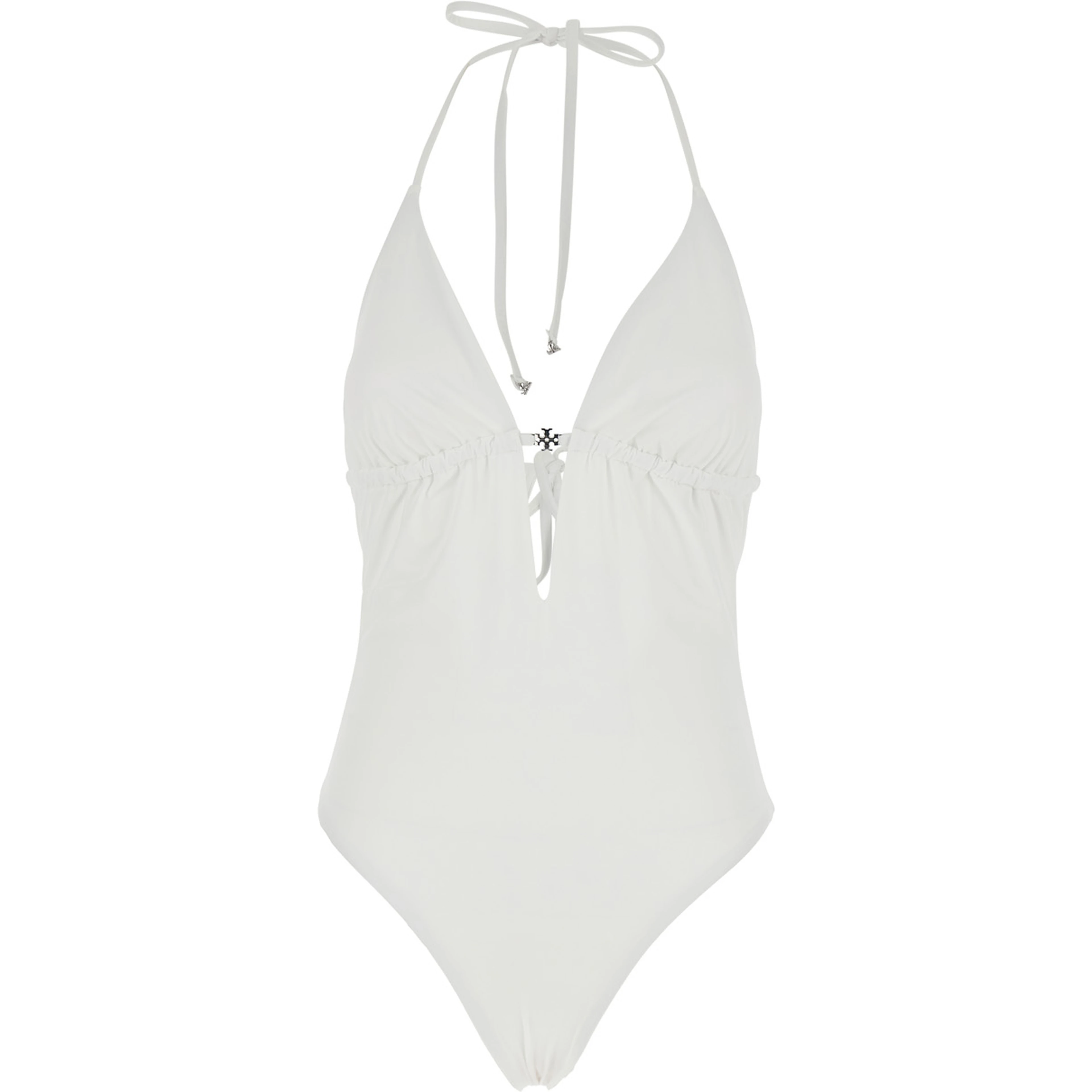 White One-Piece Swimsuit with Knot Closure and Logo Plate on the Front in Tech Fabric for Women
