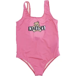 Pink One-Piece Swimsuit with Square Neckline and Logo Print on the Front in Tech Fabric Girl