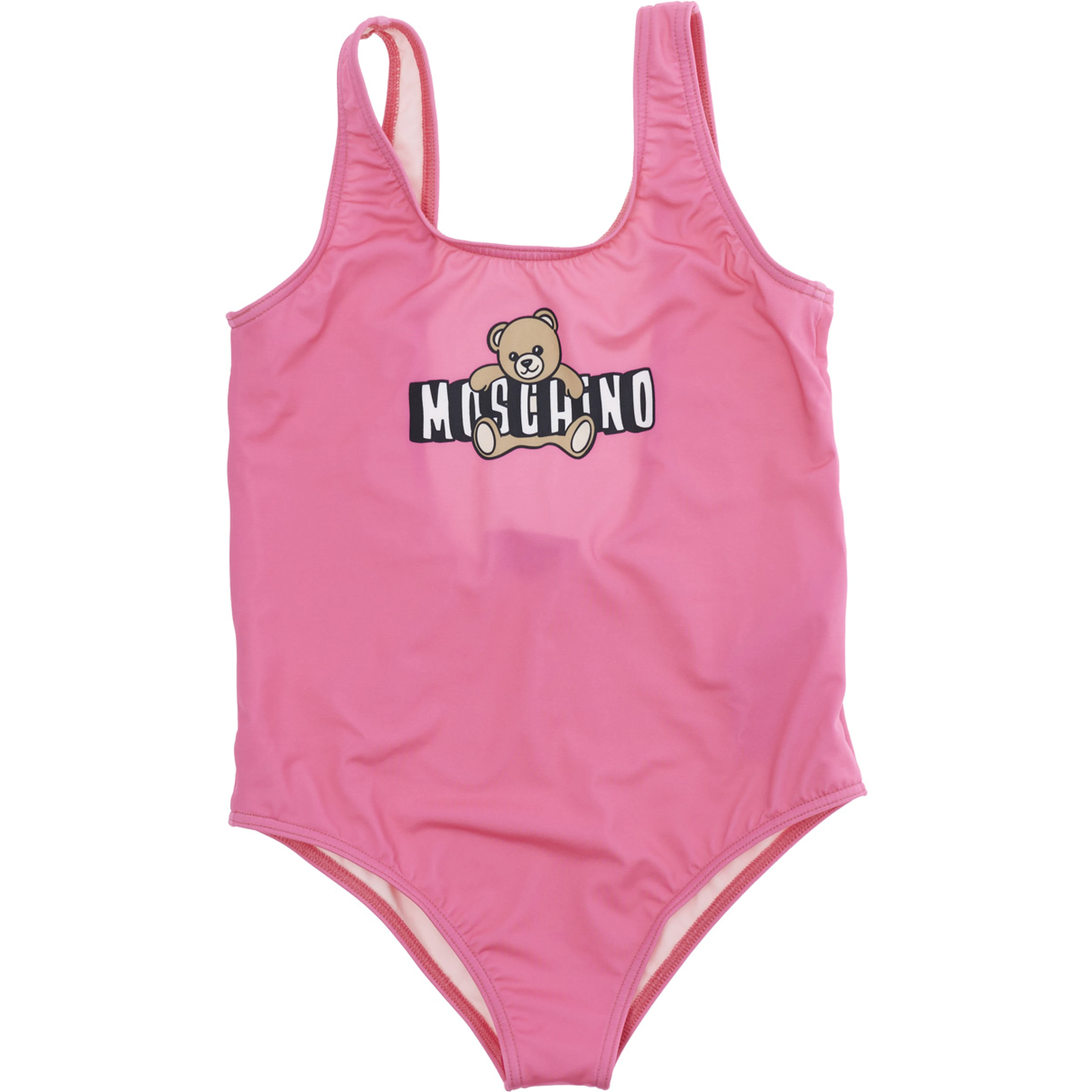 Pink One-Piece Swimsuit with Square Neckline and Logo Print on the Front in Tech Fabric Girl