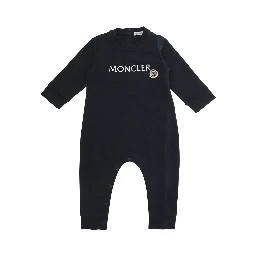 Blue Crew Neck Romper with Logo Lettering and Logo Patch on the Front in Stretch Cotton Baby