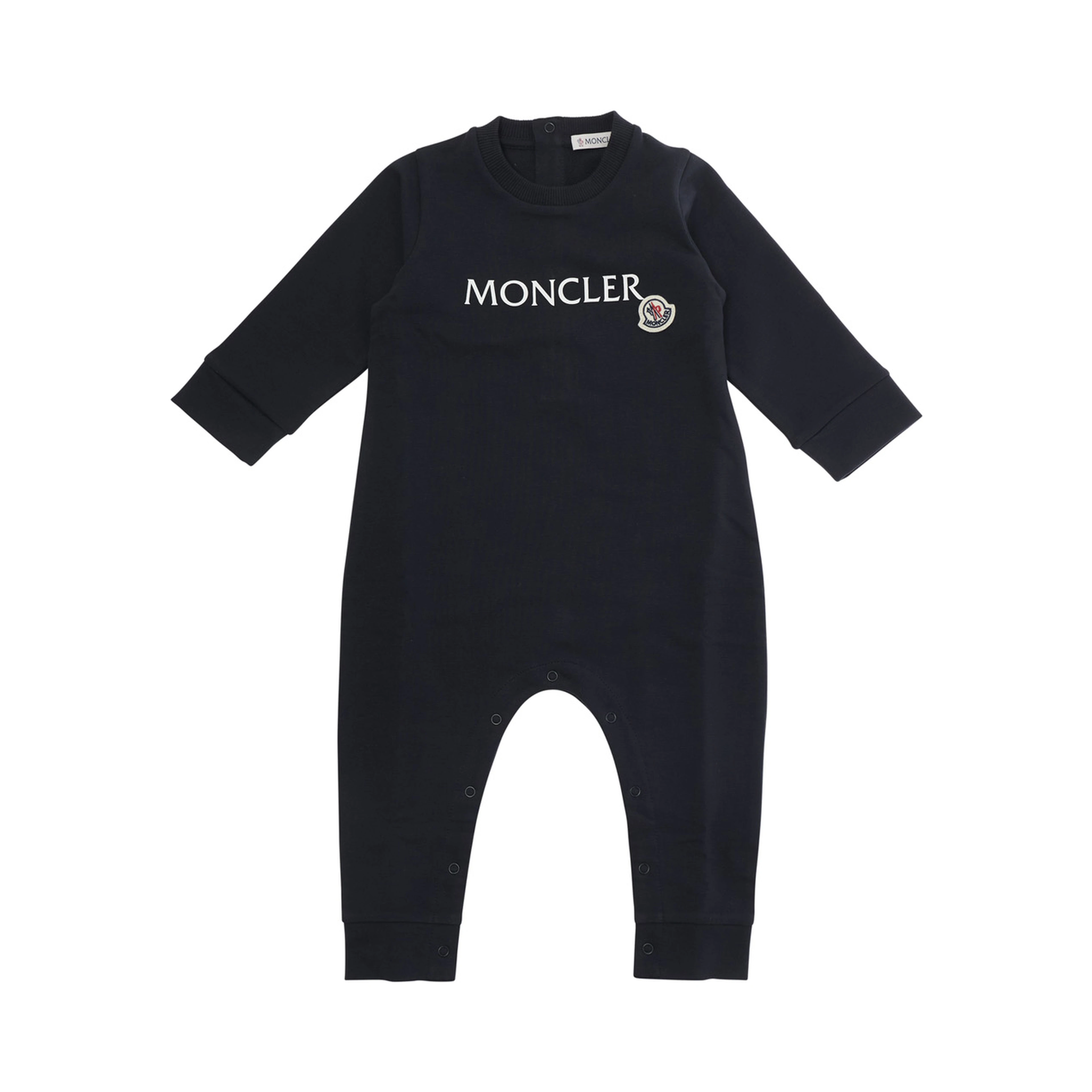 Blue Crew Neck Romper with Logo Lettering and Logo Patch on the Front in Stretch Cotton Baby