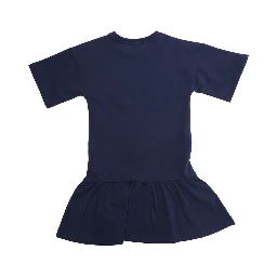 Blue Crew Neck Dress with Logo on the Front in Cotton Girl