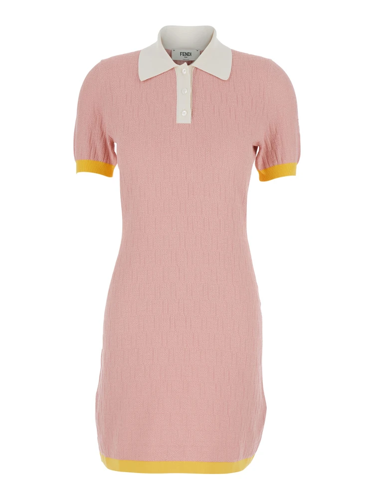 Pink dress with classic collar in cotton and silk blend for women
