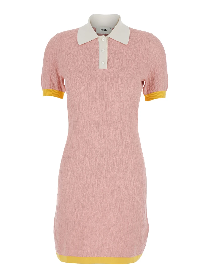 Pink dress with classic collar in cotton and silk blend for women