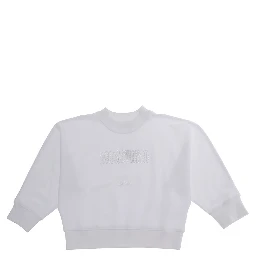 White Crewneck Sweatshirt with Logo Lettering in Cotton Stretch Girls