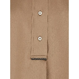Beige Stretch Silk Button Down Collar Shirt for Women