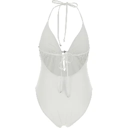 White One-Piece Swimsuit with Knot Closure and Logo Plate on the Front in Tech Fabric for Women