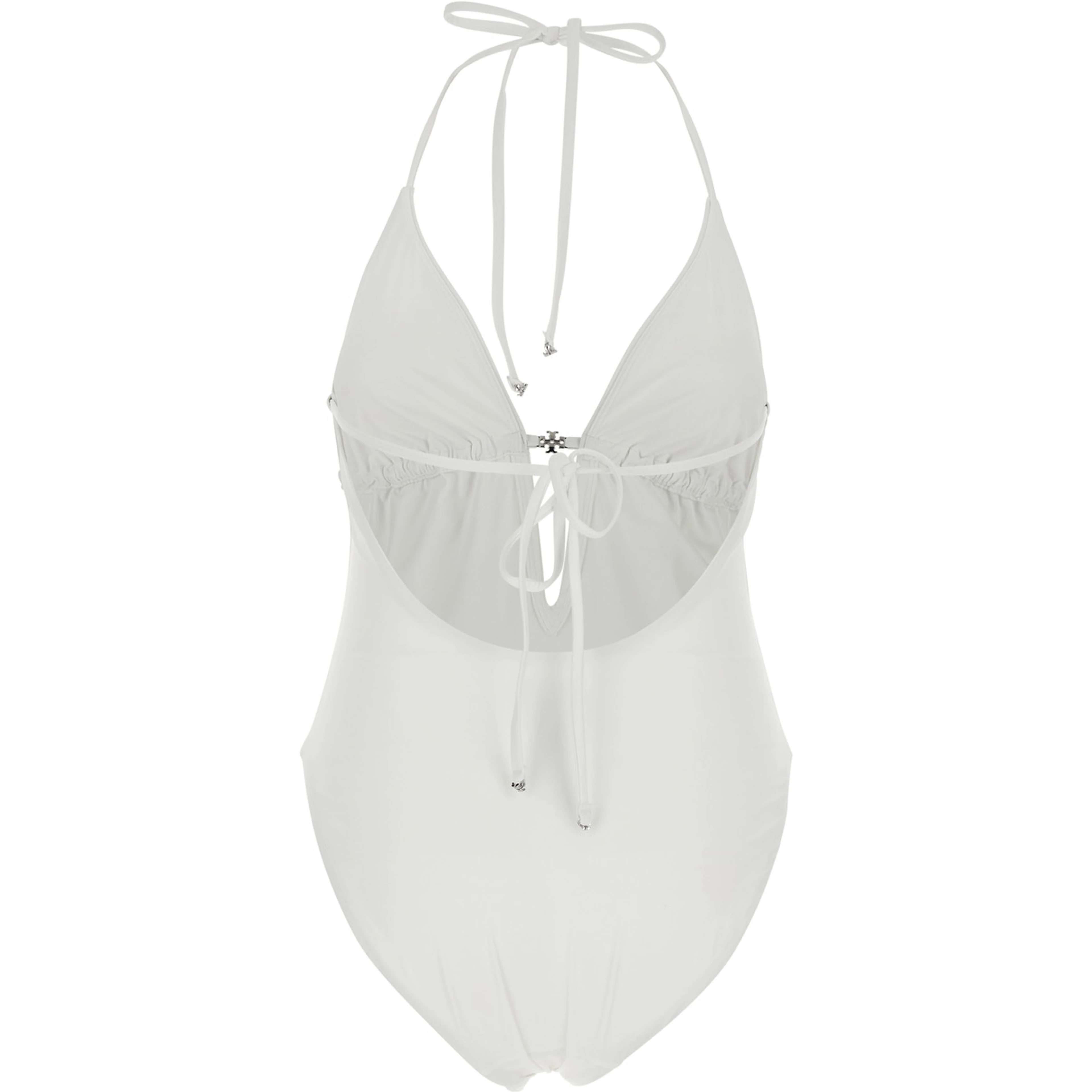 White One-Piece Swimsuit with Knot Closure and Logo Plate on the Front in Tech Fabric for Women