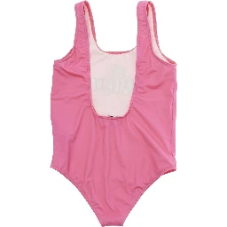 Pink One-Piece Swimsuit with Square Neckline and Logo Print on the Front in Tech Fabric Girl