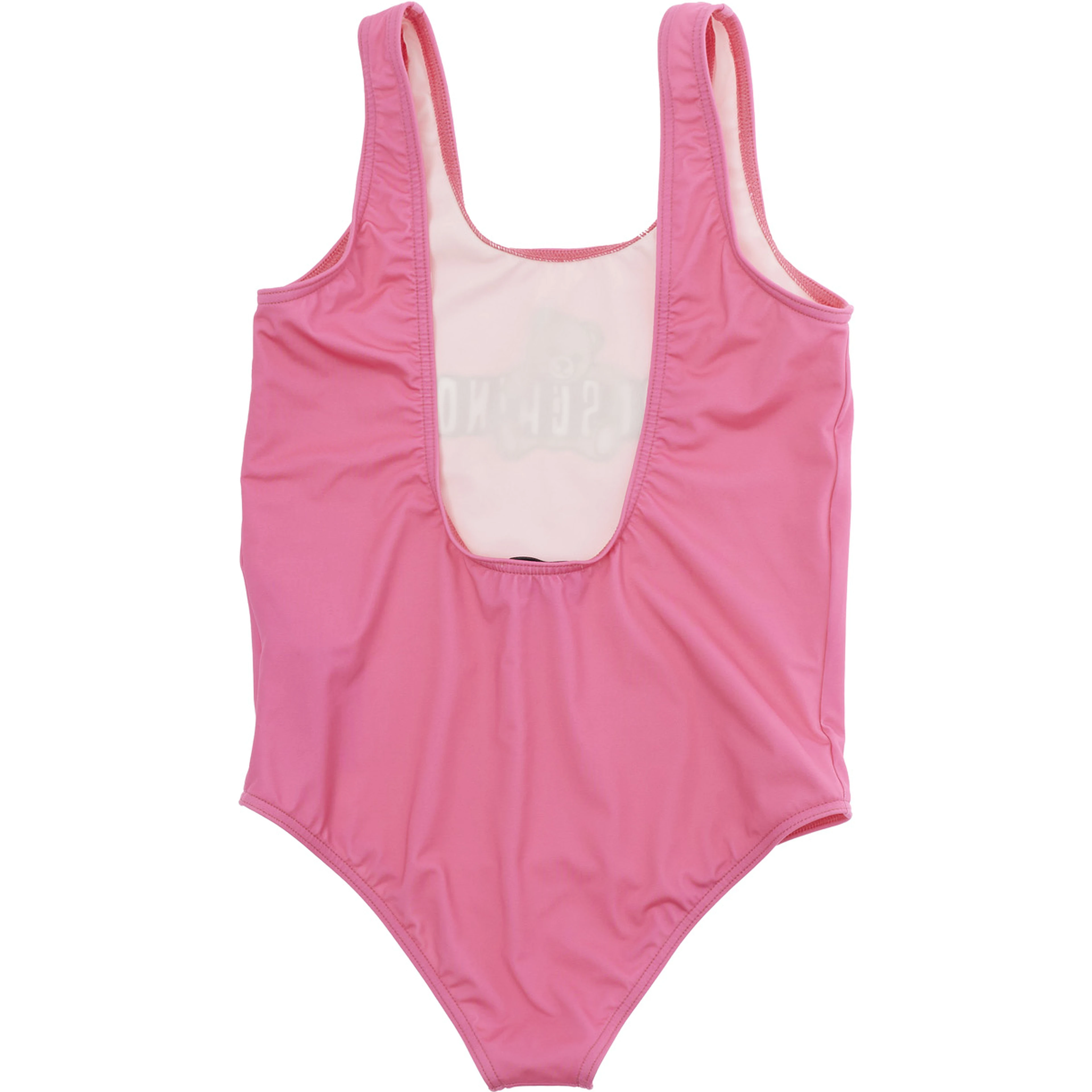 Pink One-Piece Swimsuit with Square Neckline and Logo Print on the Front in Tech Fabric Girl