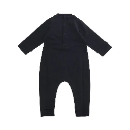 Blue Crew Neck Romper with Logo Lettering and Logo Patch on the Front in Stretch Cotton Baby