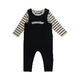 Blue Crew Neck Romper with Striped Sleeves and Logo Lettering on the Front in Cotton Baby